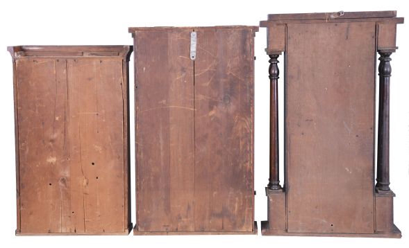 Clocks- 6 (Six) American shelf clocks: (1) Seth Thomas Clock Co., Plymouth Hollow, Conn., column shelf clock with a brass spring driven 30 hour time and strike movement in a mahogany case, c1850; (2) Atkins & Porter, Bristol, Conn., quarter column shelf clock with a weight driven 30 hour time and strike movement in a mahogany veneered case, c1845. (3) J. C. Brown, Forestville, Conn. half column shelf clock with a weight driven 30 hour time and strike movement in a mahogany veneered case, c 1850. (4) Seth Thomas, Plymouth Hollow, Conn., half column shelf clock with a weight driven 30 hour time and strike movement in a mahogany veneered case, c1855. (5) Sperry & Shaw, 10 Cortlandt St., New York., 4 column NY style case only, c1845. (6) Daniel Pratt, Reading, Mass OG shelf clock with a weight driven, 8 day, time and strike movement in a mahogany veneered case, c1860.