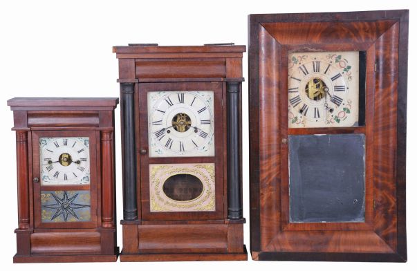 Clocks- 6 (Six) American shelf clocks: (1) Seth Thomas Clock Co., Plymouth Hollow, Conn., column shelf clock with a brass spring driven 30 hour time and strike movement in a mahogany case, c1850; (2) Atkins & Porter, Bristol, Conn., quarter column shelf clock with a weight driven 30 hour time and strike movement in a mahogany veneered case, c1845. (3) J. C. Brown, Forestville, Conn. half column shelf clock with a weight driven 30 hour time and strike movement in a mahogany veneered case, c 1850. (4) Seth Thomas, Plymouth Hollow, Conn., half column shelf clock with a weight driven 30 hour time and strike movement in a mahogany veneered case, c1855. (5) Sperry & Shaw, 10 Cortlandt St., New York., 4 column NY style case only, c1845. (6) Daniel Pratt, Reading, Mass OG shelf clock with a weight driven, 8 day, time and strike movement in a mahogany veneered case, c1860.