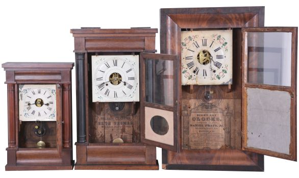 Clocks- 6 (Six) American shelf clocks: (1) Seth Thomas Clock Co., Plymouth Hollow, Conn., column shelf clock with a brass spring driven 30 hour time and strike movement in a mahogany case, c1850; (2) Atkins & Porter, Bristol, Conn., quarter column shelf clock with a weight driven 30 hour time and strike movement in a mahogany veneered case, c1845. (3) J. C. Brown, Forestville, Conn. half column shelf clock with a weight driven 30 hour time and strike movement in a mahogany veneered case, c 1850. (4) Seth Thomas, Plymouth Hollow, Conn., half column shelf clock with a weight driven 30 hour time and strike movement in a mahogany veneered case, c1855. (5) Sperry & Shaw, 10 Cortlandt St., New York., 4 column NY style case only, c1845. (6) Daniel Pratt, Reading, Mass OG shelf clock with a weight driven, 8 day, time and strike movement in a mahogany veneered case, c1860.