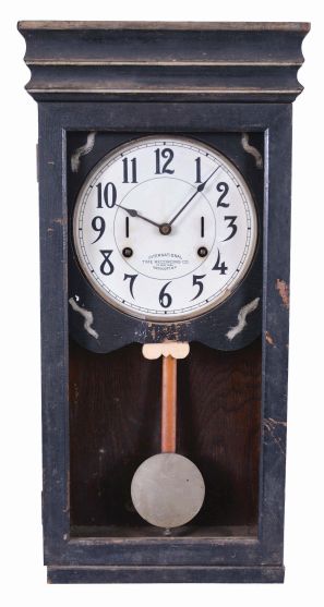 Clocks- 5 (Five): (1) Herschede Hall Clock Co., Cincinnati, OH. "No. 20" shelf clock with a spring driven, 8 day time and westminster strike movement in a dark wood case, c1920; (2) International Time Recording Co., Endicott, NY, hanging clock with a spring driven, 8 day double wind timepiece movement. (3) Store regulator with oak case only. (4) Store regulator with oak case only. (5) Waterbury Clock Co., Waterbury, Conn., "Stork" hanging clock with a spring driven 30 day timepiece movement in an oak case.