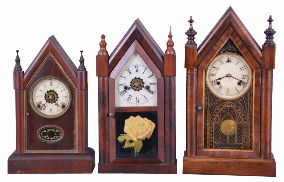 Clocks- 6 (Six): (1) Waterbury Clock Co., Waterbury, Conn., 30 hour, time, strike and alarm spring brass movement Sharp Gothic or steeple clock, c1870; (2) New Haven Clock Co., New Haven, Conn., 8 day, time and strike, spring brass movement Sharp Gothic or steeple clock, c1870 (3) William L. Gilbert Clock Co., Winsted, Conn., 8 day, time, strike and alarm Sharp Gothic or steeple clock, c1870 (4) Ansonia Clock Co., Ansonia, Conn., 30 hour, time and strike, spring brass movement Sharp Gothic or steeple clock, c1870 (5) Elisha Manross, Bristol, Conn., Sharp Gothic or steeple case only, c1850 (6) William L. Gilbert Clock Co., Winsted, Conn., 30 hour, time, strike and alarm spring brass movement Sharp Gothic or steeple clock, c1870