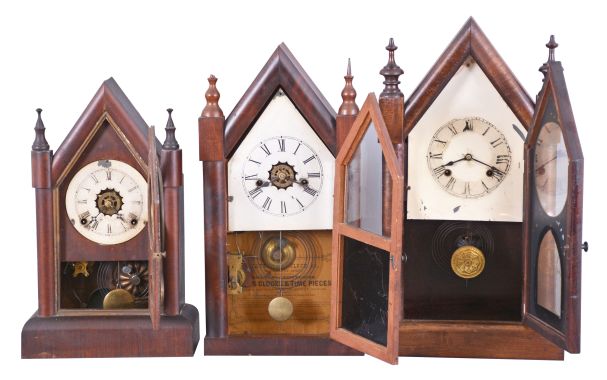 Clocks- 6 (Six): (1) Waterbury Clock Co., Waterbury, Conn., 30 hour, time, strike and alarm spring brass movement Sharp Gothic or steeple clock, c1870; (2) New Haven Clock Co., New Haven, Conn., 8 day, time and strike, spring brass movement Sharp Gothic or steeple clock, c1870 (3) William L. Gilbert Clock Co., Winsted, Conn., 8 day, time, strike and alarm Sharp Gothic or steeple clock, c1870 (4) Ansonia Clock Co., Ansonia, Conn., 30 hour, time and strike, spring brass movement Sharp Gothic or steeple clock, c1870 (5) Elisha Manross, Bristol, Conn., Sharp Gothic or steeple case only, c1850 (6) William L. Gilbert Clock Co., Winsted, Conn., 30 hour, time, strike and alarm spring brass movement Sharp Gothic or steeple clock, c1870