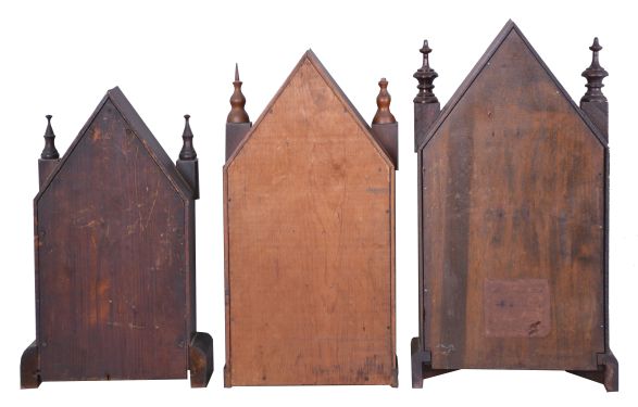Clocks- 6 (Six): (1) Waterbury Clock Co., Waterbury, Conn., 30 hour, time, strike and alarm spring brass movement Sharp Gothic or steeple clock, c1870; (2) New Haven Clock Co., New Haven, Conn., 8 day, time and strike, spring brass movement Sharp Gothic or steeple clock, c1870 (3) William L. Gilbert Clock Co., Winsted, Conn., 8 day, time, strike and alarm Sharp Gothic or steeple clock, c1870 (4) Ansonia Clock Co., Ansonia, Conn., 30 hour, time and strike, spring brass movement Sharp Gothic or steeple clock, c1870 (5) Elisha Manross, Bristol, Conn., Sharp Gothic or steeple case only, c1850 (6) William L. Gilbert Clock Co., Winsted, Conn., 30 hour, time, strike and alarm spring brass movement Sharp Gothic or steeple clock, c1870