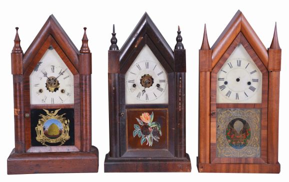 Clocks- 6 (Six): (1) Waterbury Clock Co., Waterbury, Conn., 30 hour, time, strike and alarm spring brass movement Sharp Gothic or steeple clock, c1870; (2) New Haven Clock Co., New Haven, Conn., 8 day, time and strike, spring brass movement Sharp Gothic or steeple clock, c1870 (3) William L. Gilbert Clock Co., Winsted, Conn., 8 day, time, strike and alarm Sharp Gothic or steeple clock, c1870 (4) Ansonia Clock Co., Ansonia, Conn., 30 hour, time and strike, spring brass movement Sharp Gothic or steeple clock, c1870 (5) Elisha Manross, Bristol, Conn., Sharp Gothic or steeple case only, c1850 (6) William L. Gilbert Clock Co., Winsted, Conn., 30 hour, time, strike and alarm spring brass movement Sharp Gothic or steeple clock, c1870