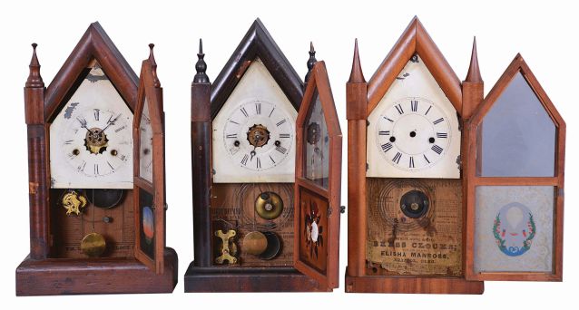 Clocks- 6 (Six): (1) Waterbury Clock Co., Waterbury, Conn., 30 hour, time, strike and alarm spring brass movement Sharp Gothic or steeple clock, c1870; (2) New Haven Clock Co., New Haven, Conn., 8 day, time and strike, spring brass movement Sharp Gothic or steeple clock, c1870 (3) William L. Gilbert Clock Co., Winsted, Conn., 8 day, time, strike and alarm Sharp Gothic or steeple clock, c1870 (4) Ansonia Clock Co., Ansonia, Conn., 30 hour, time and strike, spring brass movement Sharp Gothic or steeple clock, c1870 (5) Elisha Manross, Bristol, Conn., Sharp Gothic or steeple case only, c1850 (6) William L. Gilbert Clock Co., Winsted, Conn., 30 hour, time, strike and alarm spring brass movement Sharp Gothic or steeple clock, c1870