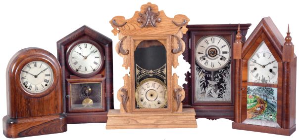 Clocks- 5 (Five): (1) William L. Gilbert Clock Co., Winsted, Conn., "Capital No. 43", case only; (2) New Haven Clock Co., New Haven, Conn., 30 hour, time and strike, spring brass movement Sharp Gothic or steeple clock c1860 (3) William L. Gilbert Clock Co., Winsted, Conn., 8 day, time, strike and alarm spring brass movement shelf clock, c1870 (4) Seth Thomas Clock Co., Thomaston, Conn. 8 day, time and strike, spring brass movement round top shelf clock, c1875 (5) Ansonia Brass & Copper Co., Ansonia, Conn., 8 day, time and strike, spring brass movement shelf clock. 1860
