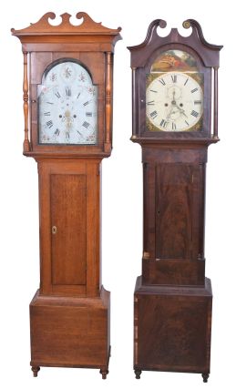 Tall Clocks- 2 (Two) English / Scottish period examples, circa 1830: (1) Ja. Rough, Kirkaldy in mahogany case with painted metal dial; (2) Unsigned in oak case with painted metal dial