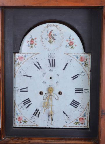 Tall Clocks- 2 (Two) English / Scottish period examples, circa 1830: (1) Ja. Rough, Kirkaldy in mahogany case with painted metal dial; (2) Unsigned in oak case with painted metal dial