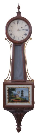 Clocks- 6 (Six) Wall: one weight driven banjo clock, a reproduction gravity clock, two German time and strike box clocks, a German time and strike Freischwinger and a Waterbury time-only drop octagon with simple calendar.