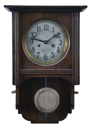 Clocks- 6 (Six) Wall: one weight driven banjo clock, a reproduction gravity clock, two German time and strike box clocks, a German time and strike Freischwinger and a Waterbury time-only drop octagon with simple calendar.