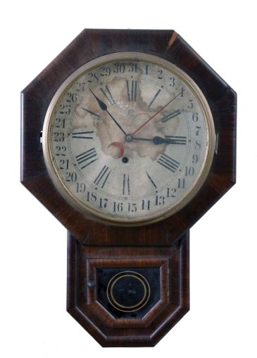 Clocks- 6 (Six) Wall: one weight driven banjo clock, a reproduction gravity clock, two German time and strike box clocks, a German time and strike Freischwinger and a Waterbury time-only drop octagon with simple calendar.