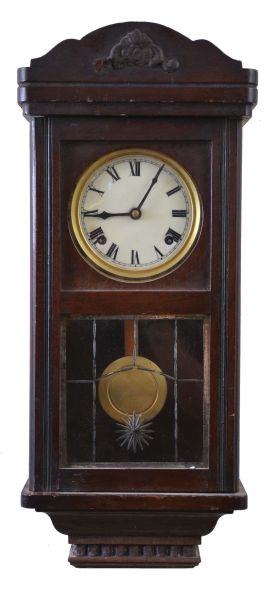 Clocks- 6 (Six) Wall: one weight driven banjo clock, a reproduction gravity clock, two German time and strike box clocks, a German time and strike Freischwinger and a Waterbury time-only drop octagon with simple calendar.