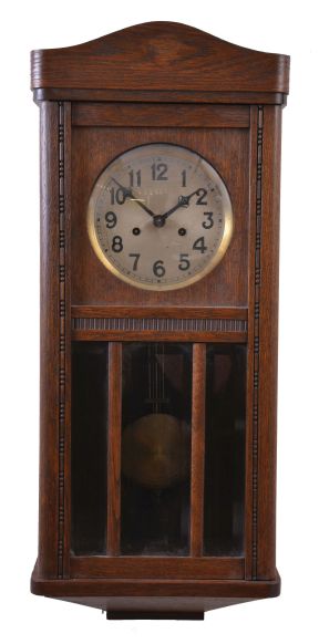 Clocks- 6 (Six) Wall: one weight driven banjo clock, a reproduction gravity clock, two German time and strike box clocks, a German time and strike Freischwinger and a Waterbury time-only drop octagon with simple calendar.