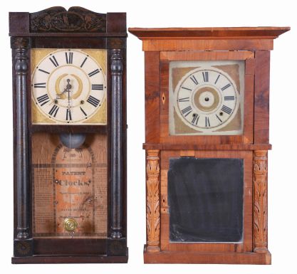 Clocks- 4 (Four): (1) E. W. Adams, Seneca Falls, New York, 30 hour, time and strike, weight wood movement carved column and cornice top shelf clock, c1835; (2) David Dutton, Mount Vernon, New Hampshire, 30 hour, time and strike, weight wood movement half column & splat shelf clock, c1830 (3) Pratt & Frost, Reading, Mass., 30 hour, time and strike, weight wood movement half column & splat shelf clock, c1830 (4) Julius Peck & Co., Litchfield, Conn., 30 hour, time and strike, weight wood movement half column & splat shelf clock, c1835