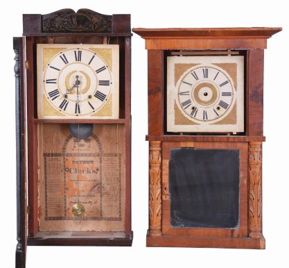Clocks- 4 (Four): (1) E. W. Adams, Seneca Falls, New York, 30 hour, time and strike, weight wood movement carved column and cornice top shelf clock, c1835; (2) David Dutton, Mount Vernon, New Hampshire, 30 hour, time and strike, weight wood movement half column & splat shelf clock, c1830 (3) Pratt & Frost, Reading, Mass., 30 hour, time and strike, weight wood movement half column & splat shelf clock, c1830 (4) Julius Peck & Co., Litchfield, Conn., 30 hour, time and strike, weight wood movement half column & splat shelf clock, c1835