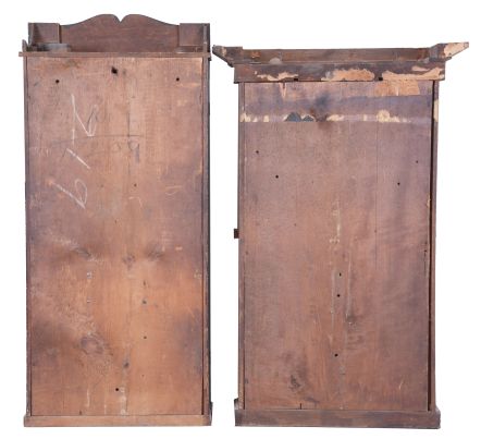 Clocks- 4 (Four): (1) E. W. Adams, Seneca Falls, New York, 30 hour, time and strike, weight wood movement carved column and cornice top shelf clock, c1835; (2) David Dutton, Mount Vernon, New Hampshire, 30 hour, time and strike, weight wood movement half column & splat shelf clock, c1830 (3) Pratt & Frost, Reading, Mass., 30 hour, time and strike, weight wood movement half column & splat shelf clock, c1830 (4) Julius Peck & Co., Litchfield, Conn., 30 hour, time and strike, weight wood movement half column & splat shelf clock, c1835