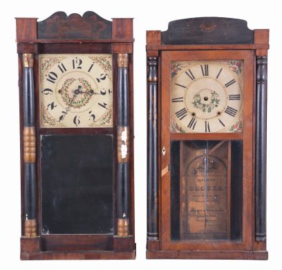 Clocks- 4 (Four): (1) E. W. Adams, Seneca Falls, New York, 30 hour, time and strike, weight wood movement carved column and cornice top shelf clock, c1835; (2) David Dutton, Mount Vernon, New Hampshire, 30 hour, time and strike, weight wood movement half column & splat shelf clock, c1830 (3) Pratt & Frost, Reading, Mass., 30 hour, time and strike, weight wood movement half column & splat shelf clock, c1830 (4) Julius Peck & Co., Litchfield, Conn., 30 hour, time and strike, weight wood movement half column & splat shelf clock, c1835