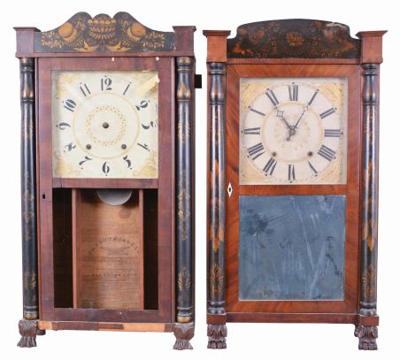 Clocks- 4 (Four): (1) Eli Terry & Son, Plymouth, Conn. 30 hour, time and strike, weight wood movement half column & splat shelf clock, c1830; (2) Riley Whiting, Winchester, Conn., 30 hour, time and strike, weight wood movement half column & splat shelf clock.c1830 (3) Williams Orten, Prestons & Co., Farmington, Conn., 8 day, time and strike, weight brass movement column and cornice shelf clock, c1840 (4) Jerome