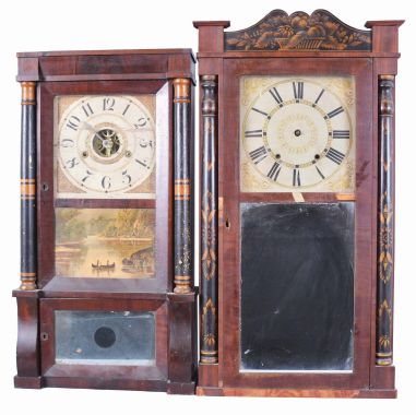 Clocks- 4 (Four): (1) Eli Terry & Son, Plymouth, Conn. 30 hour, time and strike, weight wood movement half column & splat shelf clock, c1830; (2) Riley Whiting, Winchester, Conn., 30 hour, time and strike, weight wood movement half column & splat shelf clock.c1830 (3) Williams Orten, Prestons & Co., Farmington, Conn., 8 day, time and strike, weight brass movement column and cornice shelf clock, c1840 (4) Jerome