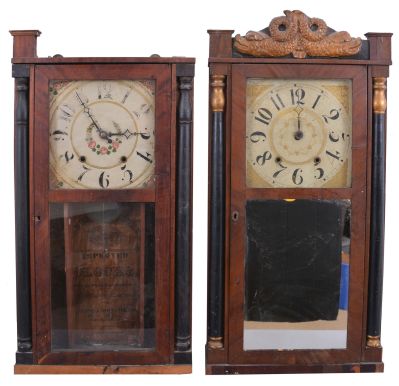 Clocks- 4 (Four): (1) Riley Whiting, Winchester, Conn., half column shelf clock with a weight driven 30 hour time and strike wooden works movement in a mahogany veneered case, c1835; (2) C. & L. C. Ives, Bristol, Conn full column and eagle splat shelf clock with a weight driven, 8 day, time and strike riveted strap brass movement in a mahogany veneered Empire two decker case with tiger maple columns and trim and carved eagle splat, c1835; (3) Elisha Hotchkiss, Burlington, Conn., half column and splat shelf clock with a weight driven 30 hour time and strike wooden works movement in a mahogany veneered case, c1834. (4) Williams, Orton, Preston