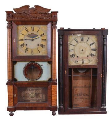 Clocks- 4 (Four): (1) Riley Whiting, Winchester, Conn., half column shelf clock with a weight driven 30 hour time and strike wooden works movement in a mahogany veneered case, c1835; (2) C. & L. C. Ives, Bristol, Conn full column and eagle splat shelf clock with a weight driven, 8 day, time and strike riveted strap brass movement in a mahogany veneered Empire two decker case with tiger maple columns and trim and carved eagle splat, c1835; (3) Elisha Hotchkiss, Burlington, Conn., half column and splat shelf clock with a weight driven 30 hour time and strike wooden works movement in a mahogany veneered case, c1834. (4) Williams, Orton, Preston