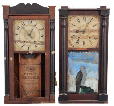 Clocks- 5 (Five): (1) Samuel Terry, Bristol, Conn., 30 hour, time and strike, weight wood movement half column & splat shelf clock, c1830; (2) David Dutton, Mount Vernon, New Hampshire, 30 hour, time and strike, weight wood movement quarter column & splat shelf clock, c1830 (3) Silas Hoadley, Plymouth, Conn., 30 hour, time, strike and alarm weight wood movement half column & splat shelf clock, c1830 (4) E.& G. W. Bartholomew, Bristol, Conn., 30 hour, time and strike, weight wood movement half column & splat shelf clock, c1830 (5) Elisha Hotchkiss, Burlington, Conn., 30 hour, time and strike, weight wood movement short pendulum turned column & splat shelf clock, c1832.