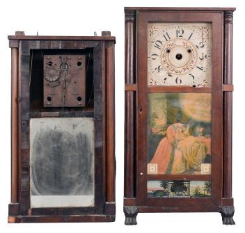Clocks- 5 (Five): (1) Samuel Terry, Bristol, Conn., 30 hour, time and strike, weight wood movement half column & splat shelf clock, c1830; (2) David Dutton, Mount Vernon, New Hampshire, 30 hour, time and strike, weight wood movement quarter column & splat shelf clock, c1830 (3) Silas Hoadley, Plymouth, Conn., 30 hour, time, strike and alarm weight wood movement half column & splat shelf clock, c1830 (4) E.& G. W. Bartholomew, Bristol, Conn., 30 hour, time and strike, weight wood movement half column & splat shelf clock, c1830 (5) Elisha Hotchkiss, Burlington, Conn., 30 hour, time and strike, weight wood movement short pendulum turned column & splat shelf clock, c1832.