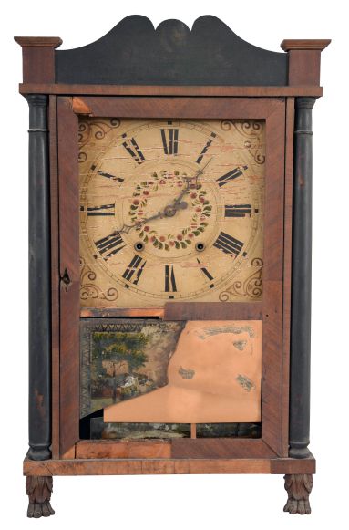Clocks- 5 (Five): (1) Samuel Terry, Bristol, Conn., 30 hour, time and strike, weight wood movement half column & splat shelf clock, c1830; (2) David Dutton, Mount Vernon, New Hampshire, 30 hour, time and strike, weight wood movement quarter column & splat shelf clock, c1830 (3) Silas Hoadley, Plymouth, Conn., 30 hour, time, strike and alarm weight wood movement half column & splat shelf clock, c1830 (4) E.& G. W. Bartholomew, Bristol, Conn., 30 hour, time and strike, weight wood movement half column & splat shelf clock, c1830 (5) Elisha Hotchkiss, Burlington, Conn., 30 hour, time and strike, weight wood movement short pendulum turned column & splat shelf clock, c1832.