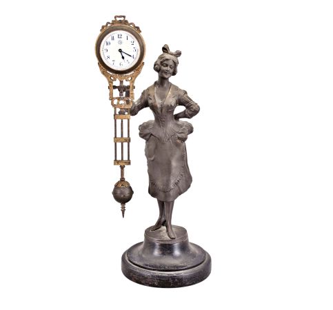 Germany, Junghans, maid figure, swinging arm novelty clock, spelter figured on a turned hard wood base, as-found