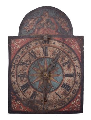 Italian, dial or shield clock, painted iron roman numeral dial, front hung cow