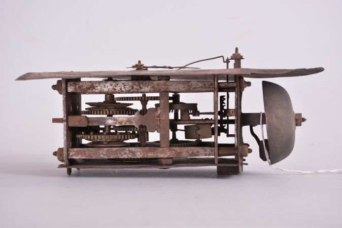 Italian, dial or shield clock, painted iron roman numeral dial, front hung cow