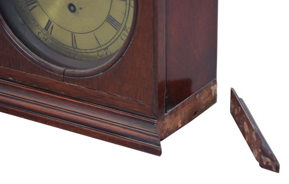 European (Continental), small bracket clock, late 18th century, with fusee / crown wheel / pivoted pendulum movement, and engraved brass dial, in a primitive bell top case of English appearance, with slide-up back and with restorations. Approx 3 day duration (6 rounded channels in fusee) .