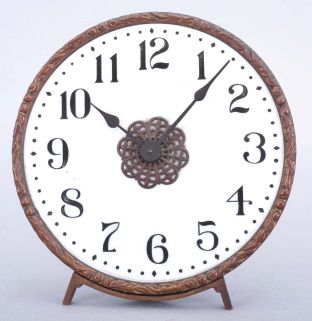 New Haven Clock Co., New Haven, Conn., "Gas Lamp" shelf clock, milk glass arabic numeral dial with small pin pallet, 1 day rear wind movement all on an easel frame.