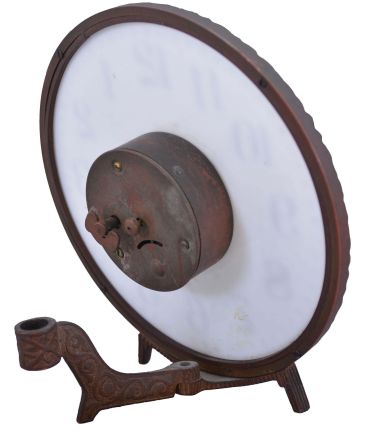 New Haven Clock Co., New Haven, Conn., "Gas Lamp" shelf clock, milk glass arabic numeral dial with small pin pallet, 1 day rear wind movement all on an easel frame.