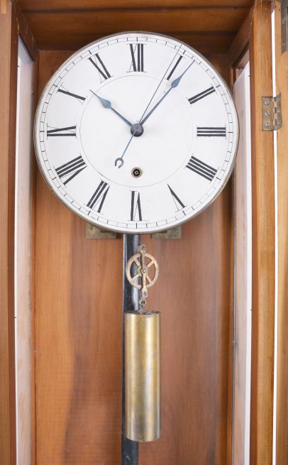 German seconds beating, center seconds regulator movement (unsigned) from late 1800s, now in a purpose built cherry case circa 1950. Dial is paint on tin with narrow spun brass bezel, probably same date as case. 8 day