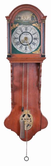 Dutch Friesland hooded staartklok or "tail" clock, weight driven, with animation in the arch, a windmill to the right and a fisherman to the left, driven off a pulley on the front of the escape wheel arbor.