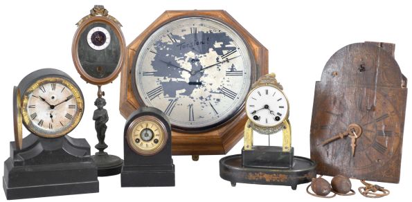Clocks- 6 (Six) American and European: (1) Terry Clock Co.,15 day skeleton timepiece with broken dome; (2) Smallest Terry Clock Co.,iron cased alarm; (3) S. B. Terry (Terry Clock Co) Marine lever; (4) c1850 German wooden works dial clock with CROWN WHEEL, cows tail; (5) Seth Thomas ebonized case alarm and (6) French boudoir mirror timepiece [rear wind watch movement]