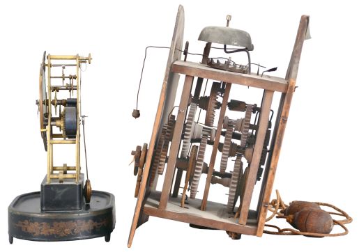 Clocks- 6 (Six) American and European: (1) Terry Clock Co.,15 day skeleton timepiece with broken dome; (2) Smallest Terry Clock Co.,iron cased alarm; (3) S. B. Terry (Terry Clock Co) Marine lever; (4) c1850 German wooden works dial clock with CROWN WHEEL, cows tail; (5) Seth Thomas ebonized case alarm and (6) French boudoir mirror timepiece [rear wind watch movement]