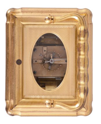 Drocourt, Paris, for Hamann & Koch, New York, an impressive, Gorge cased, grand sonnerie striking giant carriage clock, the massive gilt case with bevelled glasses, the top glass with engine turned mask with an oval aperture for viewing the escapement, Roman numeral white enamel dial also with gilt, engine turned mask, blued steel spade hands, 8 day time, strike, and alarm movement with large lever platform and cut, bimetallic balance, sounding grand or petit quarters in passing, and repeating the last hour and quarter on demand, the front plate marked "H.L.", gong bases marked "F.D." within an oval, serial #1813