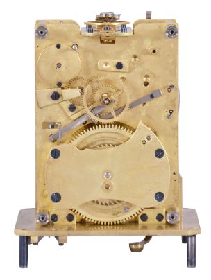 France or Switzerland, a rare, early, petit sonnerie striking carriage clock with alarm and travel case, signed Breguet, gilt, glazed, one piece case with molded base, Roman numeral silvered dial with blued steel Breguet style hands, subsidiary alarm chapter, and engraved "Breguet, a Paris", 8 day, time and strike movement with both trains driven by a single barrel, striking the last quarter in passing, and with grand sonnerie repeating on blued, wire gongs, the polished steel strikework mounted to the back plate, and also bearing a silvered plate engraved "Breguet", duplex platform escapement, with two piece steel escape wheel and brass balance, and with alarm striking on a bell in the base, contained in its original wooden, gilt stamped leather covered case with gilt hardware
