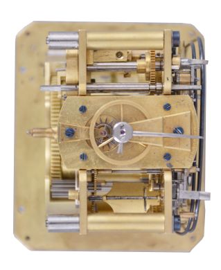 France or Switzerland, a rare, early, petit sonnerie striking carriage clock with alarm and travel case, signed Breguet, gilt, glazed, one piece case with molded base, Roman numeral silvered dial with blued steel Breguet style hands, subsidiary alarm chapter, and engraved "Breguet, a Paris", 8 day, time and strike movement with both trains driven by a single barrel, striking the last quarter in passing, and with grand sonnerie repeating on blued, wire gongs, the polished steel strikework mounted to the back plate, and also bearing a silvered plate engraved "Breguet", duplex platform escapement, with two piece steel escape wheel and brass balance, and with alarm striking on a bell in the base, contained in its original wooden, gilt stamped leather covered case with gilt hardware
