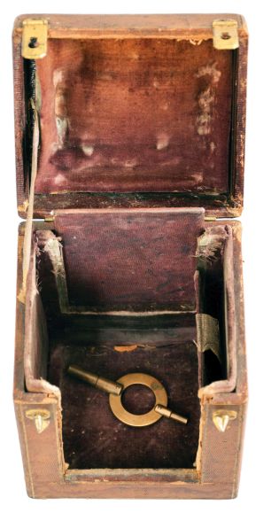 France or Switzerland, a rare, early, petit sonnerie striking carriage clock with alarm and travel case, signed Breguet, gilt, glazed, one piece case with molded base, Roman numeral silvered dial with blued steel Breguet style hands, subsidiary alarm chapter, and engraved "Breguet, a Paris", 8 day, time and strike movement with both trains driven by a single barrel, striking the last quarter in passing, and with grand sonnerie repeating on blued, wire gongs, the polished steel strikework mounted to the back plate, and also bearing a silvered plate engraved "Breguet", duplex platform escapement, with two piece steel escape wheel and brass balance, and with alarm striking on a bell in the base, contained in its original wooden, gilt stamped leather covered case with gilt hardware
