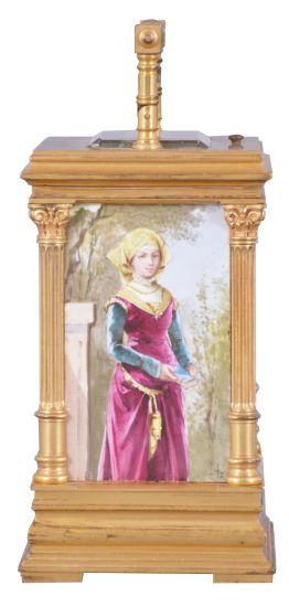 France, for the English market, a fine Pillars style repeating carriage clock with porcelain panels by Lucien Simonnet, the gilt case with stepped, molded base, the corners with fluted columns and Corinthian capitals supporting the molded cornice, the folding handle with turned ornament, case sides set with signed, polychrome enamel scenes depicting colorfully dressed young women in a garden, the Roman numeral dial surrounded by a landscape scene with castle ruins and floral garlands, blued steel distaff hands, 8 day time, strike, and alarm movement with lever platform, and repeating the last hour on demand, serial #2277
