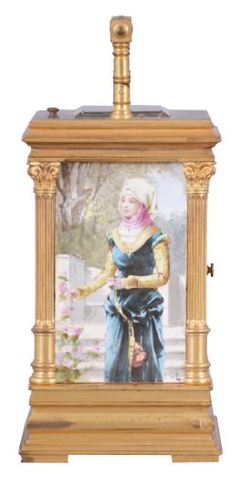 France, for the English market, a fine Pillars style repeating carriage clock with porcelain panels by Lucien Simonnet, the gilt case with stepped, molded base, the corners with fluted columns and Corinthian capitals supporting the molded cornice, the folding handle with turned ornament, case sides set with signed, polychrome enamel scenes depicting colorfully dressed young women in a garden, the Roman numeral dial surrounded by a landscape scene with castle ruins and floral garlands, blued steel distaff hands, 8 day time, strike, and alarm movement with lever platform, and repeating the last hour on demand, serial #2277
