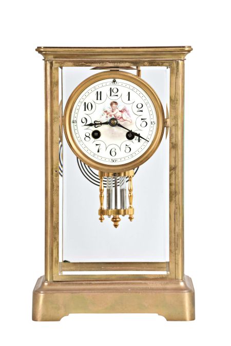 France, imported by Harris & Harrington, New York, marked "H&H", 8 day, time and strike, spring brass movement crystal regulator mantel clock.