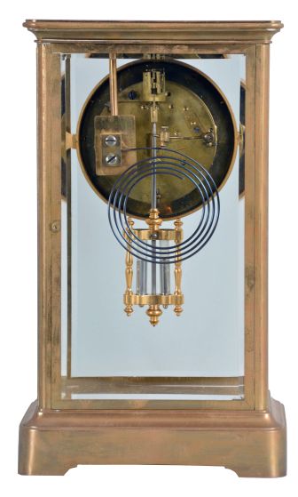 France, imported by Harris & Harrington, New York, marked "H&H", 8 day, time and strike, spring brass movement crystal regulator mantel clock.