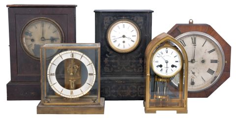 Clocks- 15 (Fifteen) American and European shelf clocks: including a Seth Thomas "Sonora" chime clock, two 30-hour cottage clocks, two Ingraham "Doric" clocks, a Junghans electro-mechanical clock, a brass-cased French clock sold by Tilden Thurber Co., a weight driven ogee clock, a sharp gothic clock, a French time-only mantel clock, a modern chiming bracket clock, two 30-hour clocks by Chauncey Jerome, a small pillar & scroll clock, and a wall clock by the Self-Winding Clock Company.