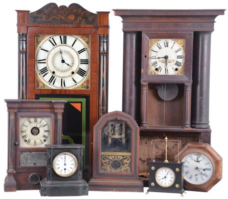 Clocks- 15 (Fifteen): (1) Germany, Kundo, 400 day, anniversary timepiece under a dome; (2) Seth Thomas Clock Co., Thomaston, Conn., 8 day, time and strike seven jewel ship