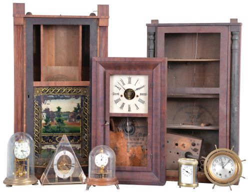 Clocks- 15 (Fifteen): (1) Germany, Kundo, 400 day, anniversary timepiece under a dome; (2) Seth Thomas Clock Co., Thomaston, Conn., 8 day, time and strike seven jewel ship