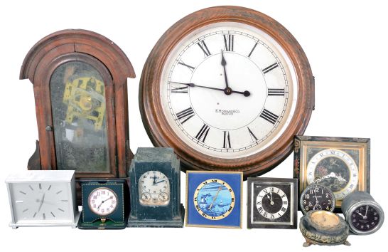 Clocks- 11 (Eleven) European and American Clocks: Lot includes 2 Chelsea easel clocks, one with the black "Chinese Lacquer" motif; Waltham 8 day clock clock; German made alarm clock; Lux "Automatic Range Timer"; Swiss-made 15 jewel travel clock; desk clock with Bulova Accutron movement; Swiss-made easel clock with blue dial; Seth Thomas electric car clock; mantel clock with Asian movement; E. Howard & Co. gallery clock fitted with a battery movement.